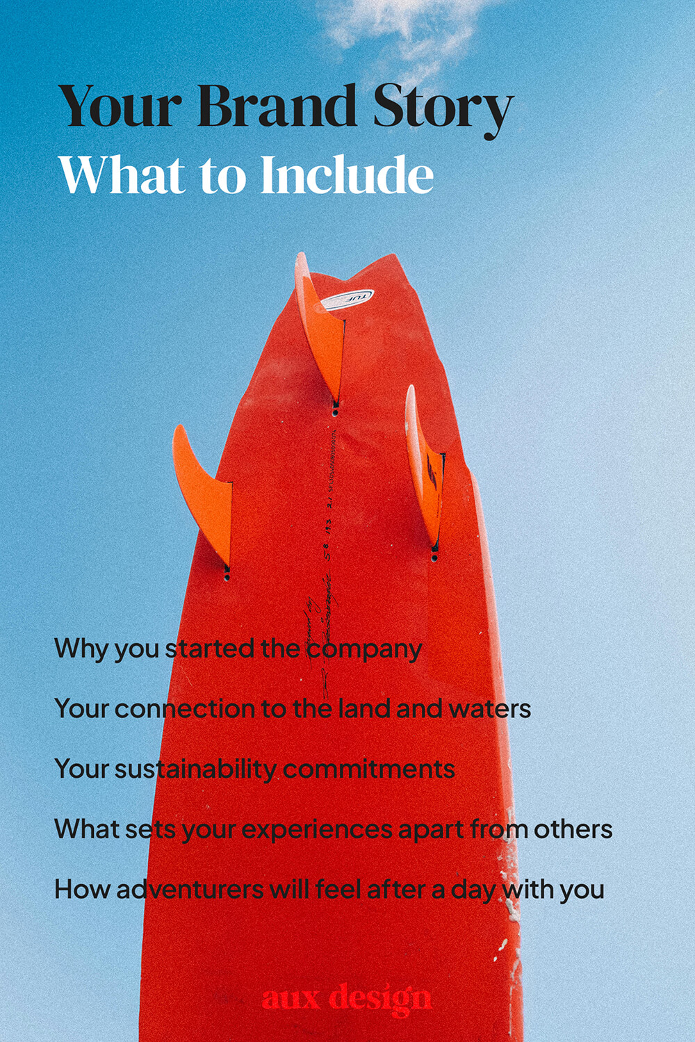 tips for building your adventure brand story overlaid on red surf board and blue sky